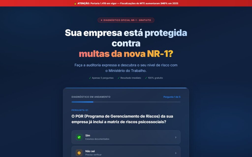 Landing page de diagnóstico da NR-1 desenvolvida pela JCML